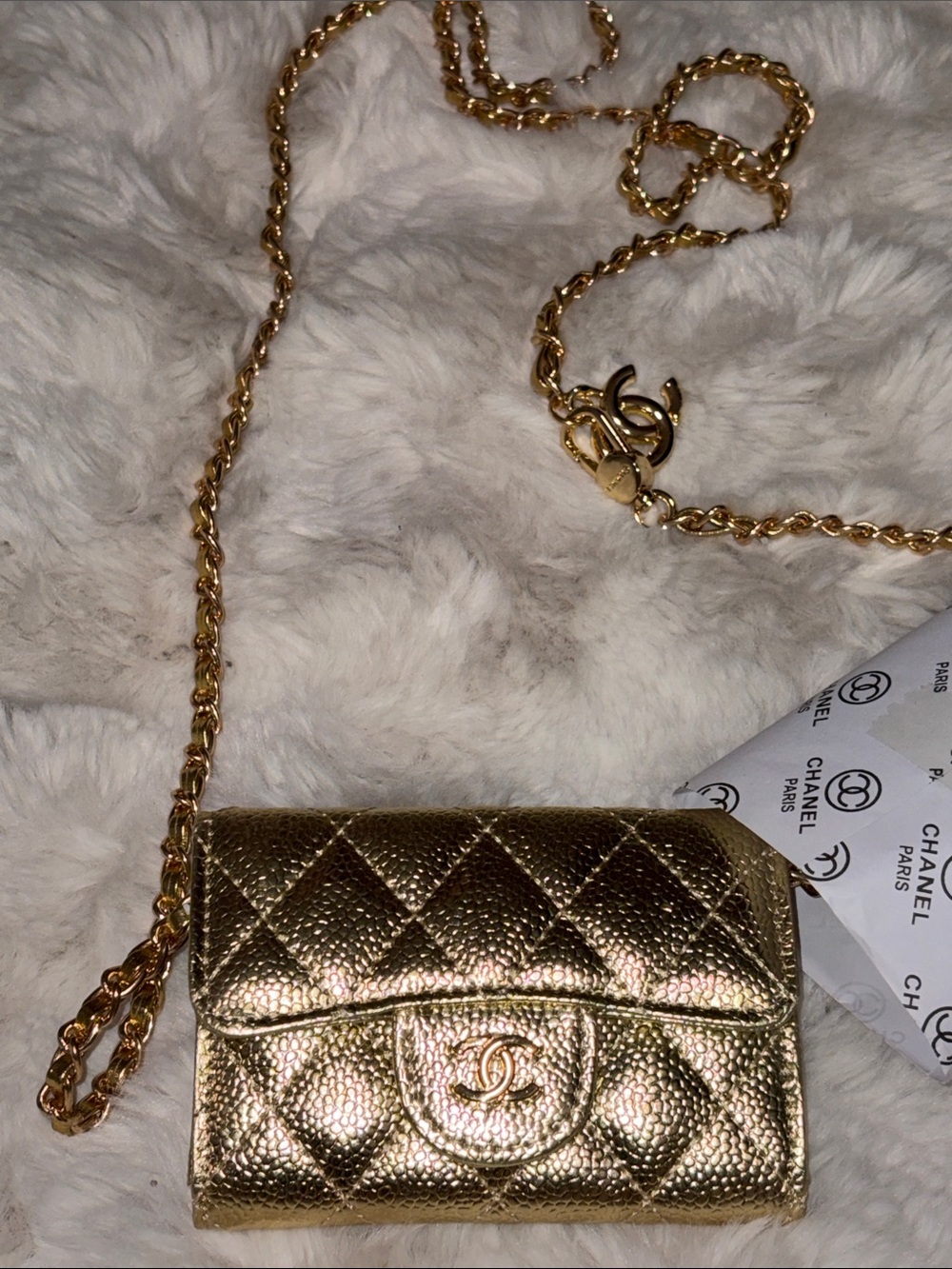 Mini Quilted Wallet on Chain in Metallic Gold